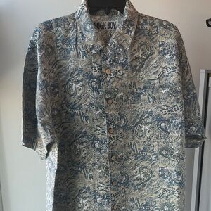 Vintage Bugle Boy Men's Hawaiian Shirt Geometric  Abstract Geckos 90s Size L